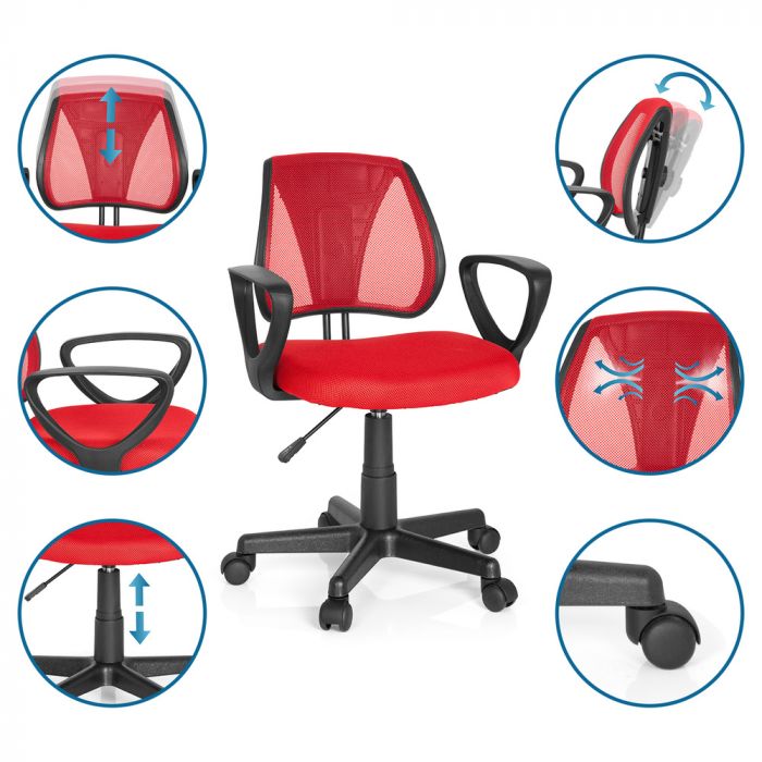 hjh OFFICE Kinderdrehstuhl KIDDY CD Stoff Netzstoff Armlehnen Rot Kinderstuhl - 4251084653521