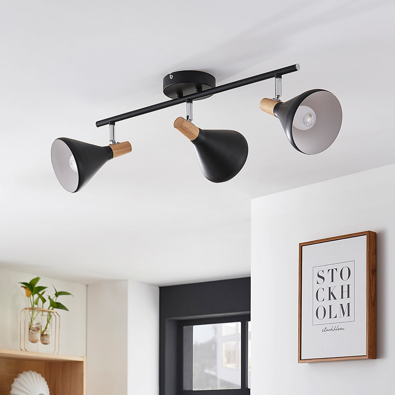 B-Ware Lindby Deckenleuchte Deckenlampe Arina Schwarz Dreiflammig Metall Holz 53 Cm