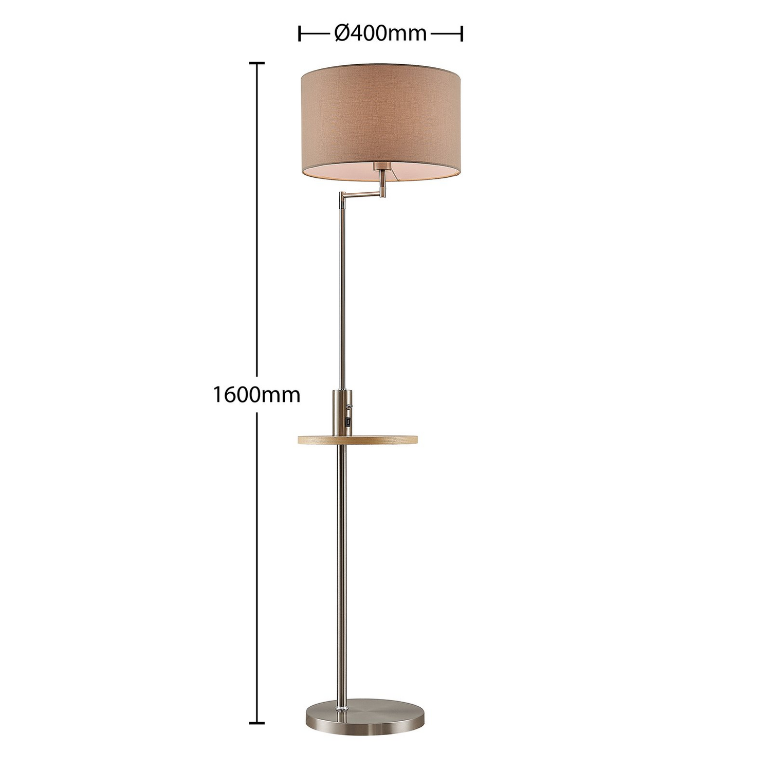 Lampadaire Lindby Zinia avec étagère et port USB, nickel, E27342, produit de seconde main.