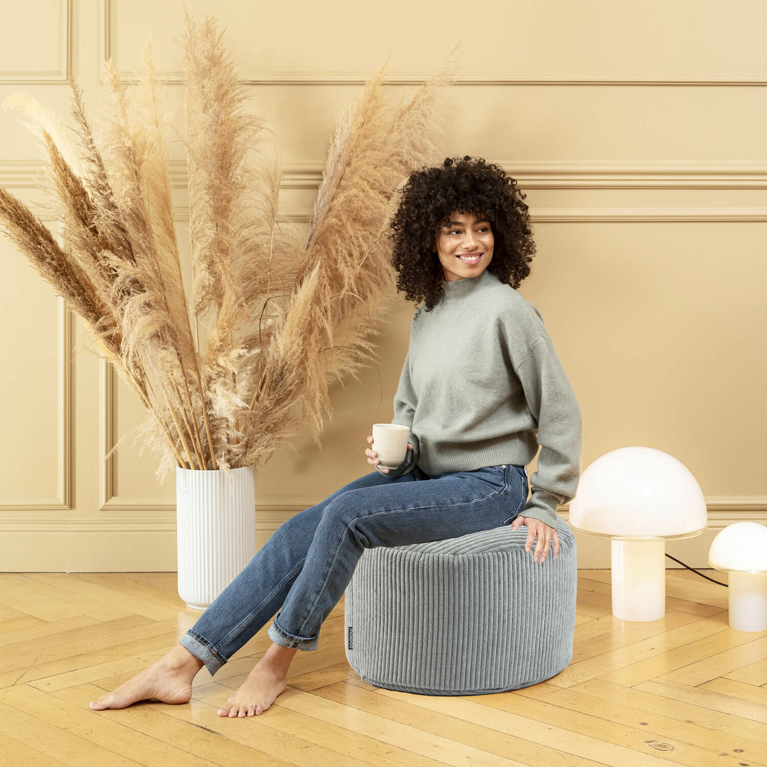 Pouf Hocker Sitzhocker Mokebo Bodenkissen Sitzkissen Cord Grau Fußhocker Puff