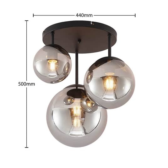 Plafonnier Lindby Teeja de qualité B, lampe de plafond avec 3 globes en verre, couleur fumée 311