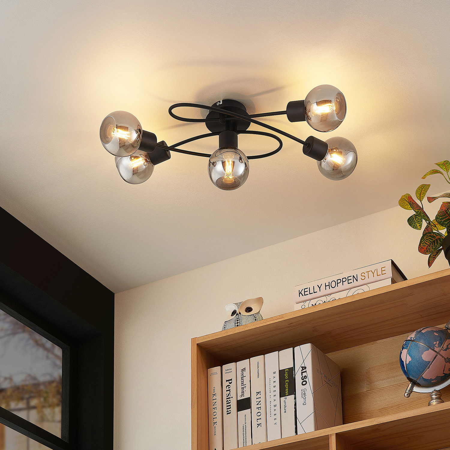 Suspension Lindby Elaina de qualité B, ampoule E14, 5 lumières, noir/fumé