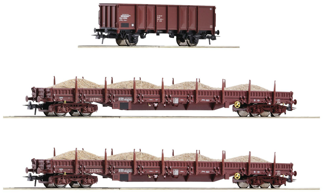 Roco 77041 H0 3er-Set Güterwagen Sandzug der DR Drei Flachwagen Modelleisenbahn