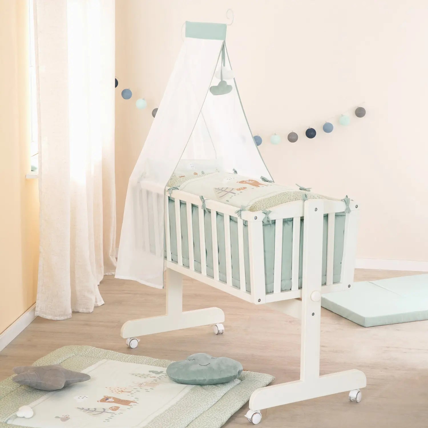 B-Ware Roba Babywiege Stubenbett Woodland Buddies Komplettset Weiß Pastellgrün 40x90 Cm - 4005317344706