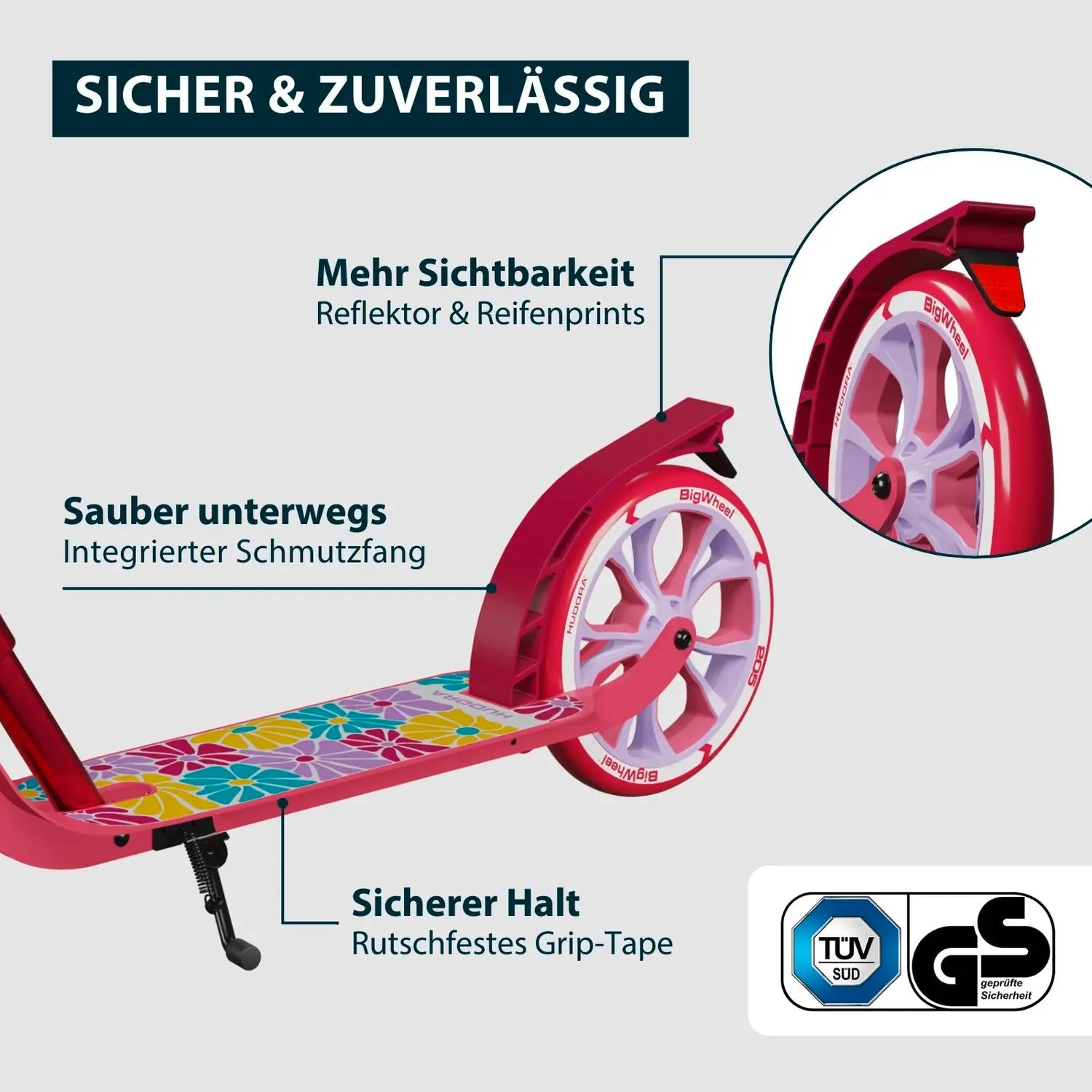 B-Ware Hudora Tretroller Scooter Big Wheel 205 Advanced Daydream Edition Pink Flowers - 4005998142158