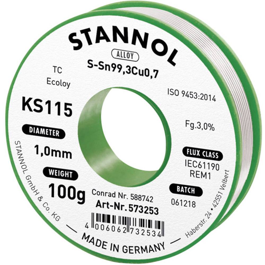 Stannol Lötzinn Draht Sn99,3 Cu0,7 Spule Bleifrei Rom1 100 G 1 Mm B-Ware - 4006062740065