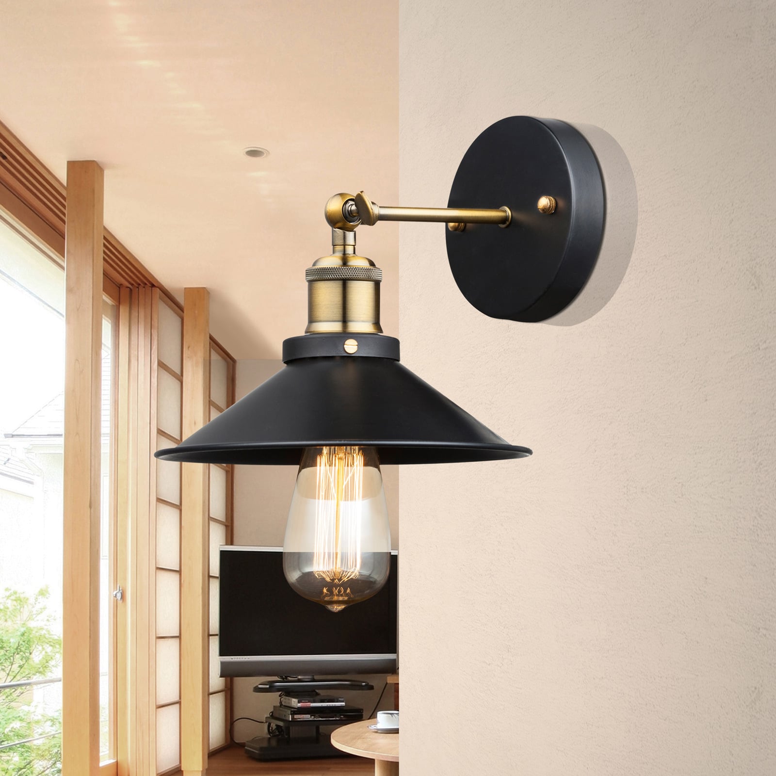 Globo Wandleuchte Viktor im Industriedesign schwarz altmessing dimmbar 1x60W E27 - 9007371337194