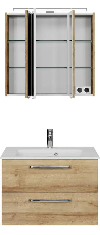 B-Ware Saphir Badmöbel Set Waschtisch Unterschrank Spiegelschrank Led Riviera Eiche - 4017026107633