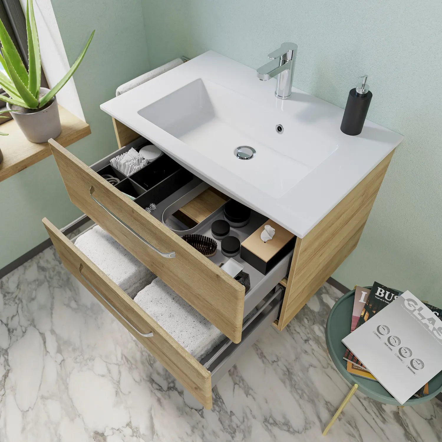 B-Ware Saphir Badmöbel Set Waschtisch Unterschrank Spiegelschrank Led Riviera Eiche - 4017026107633