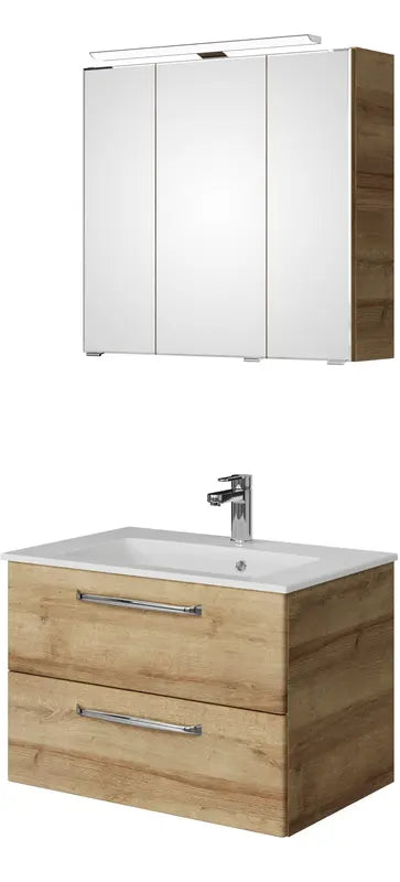B-Ware Saphir Badmöbel Set Waschtisch Unterschrank Spiegelschrank Led Riviera Eiche - 4017026107633
