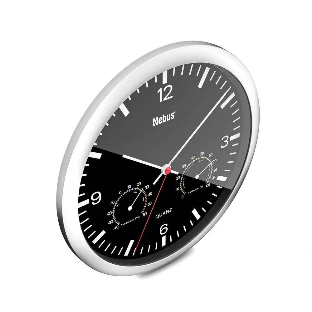 B-Ware Mebus Wanduhr Uhr Quarz Analog Thermometer Hygrometer 25 Cm X 40 Mm Silber  - 4017805567313