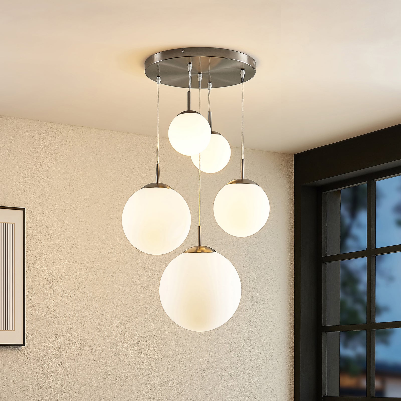 Lindby Hängeleuchte Heleska LED Pendelleuchte Lampe 5-flammig weiß Ø50cm nickel - 4251096595017