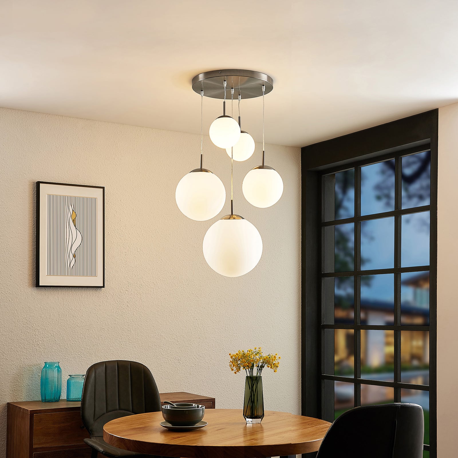 Lindby Hängeleuchte Heleska LED Pendelleuchte Lampe 5-flammig weiß Ø50cm nickel - 4251096595017
