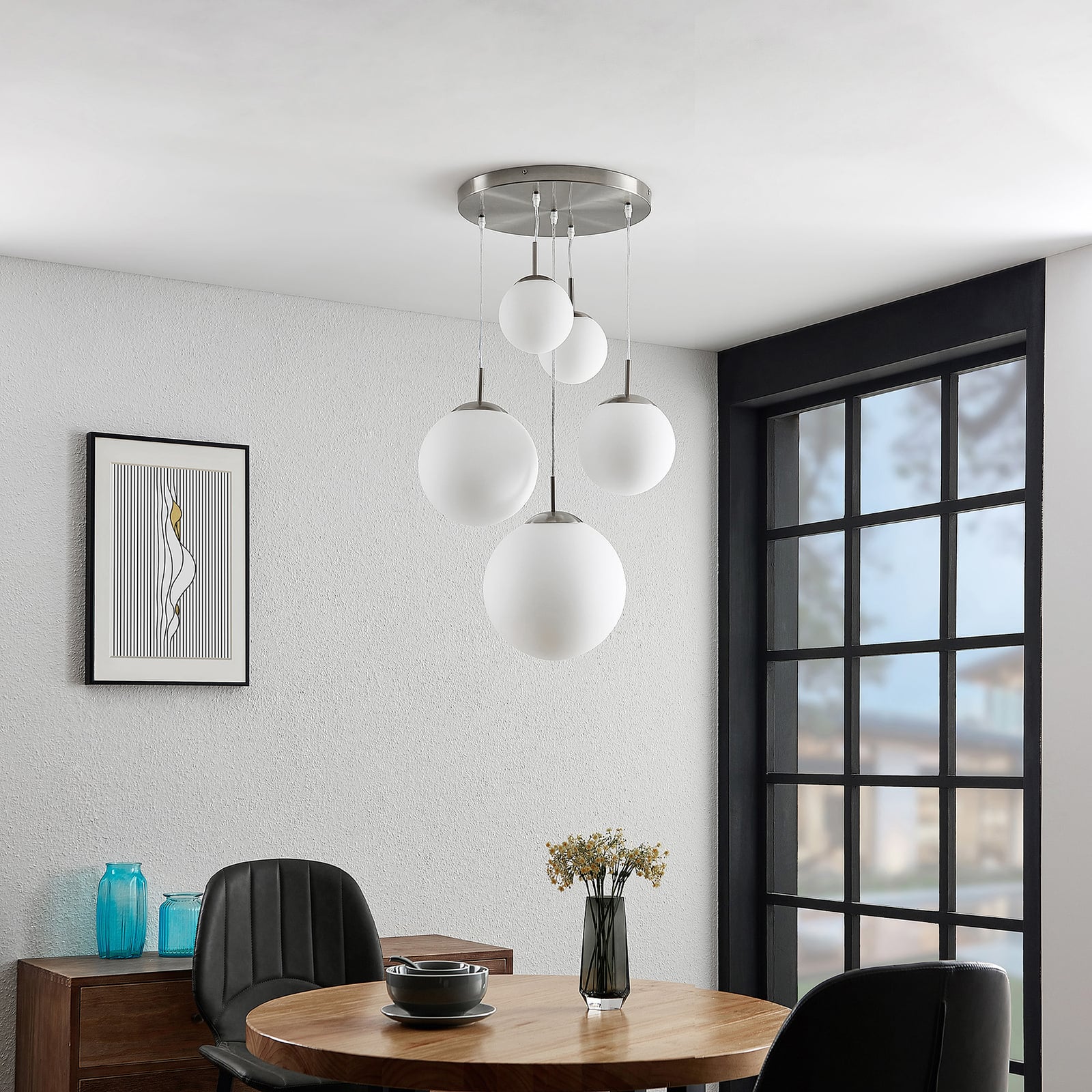 Lindby Hängeleuchte Heleska LED Pendelleuchte Lampe 5-flammig weiß Ø50cm nickel - 4251096595017