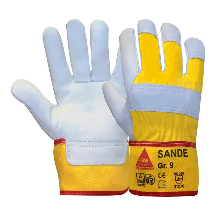 B-Ware Hase Arbeitshandschuh Schutzhandschuh Rindnarbenleder Größe 7 Gelb 12 Paar - 4018949444454