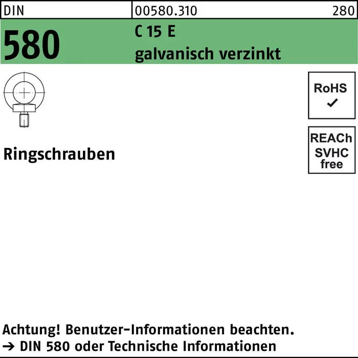 B-Ware Reyher Ringschraube Ringbolzen Din 580 M 10 C 15 E Galvanisch Verzinkt 25 Stück - 4043952109366