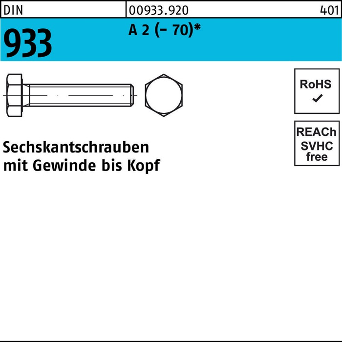 Reyher Sechskantschraube Bolzen Din 933 M10x30 A2 70 Edelstahl 100 Stück B-Ware