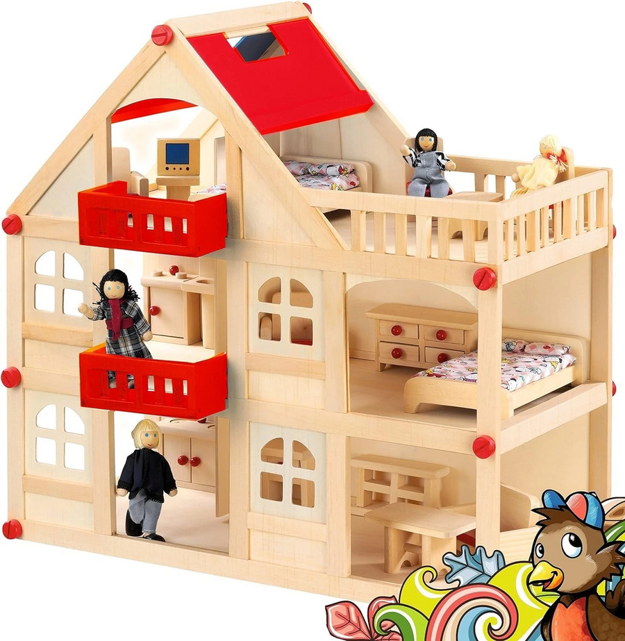 Izzy Holzpuppenhaus Spielhaus Puppenhaus Für Puppen Haus 4 Puppen Tragegriff  B-Ware - 4047385571219