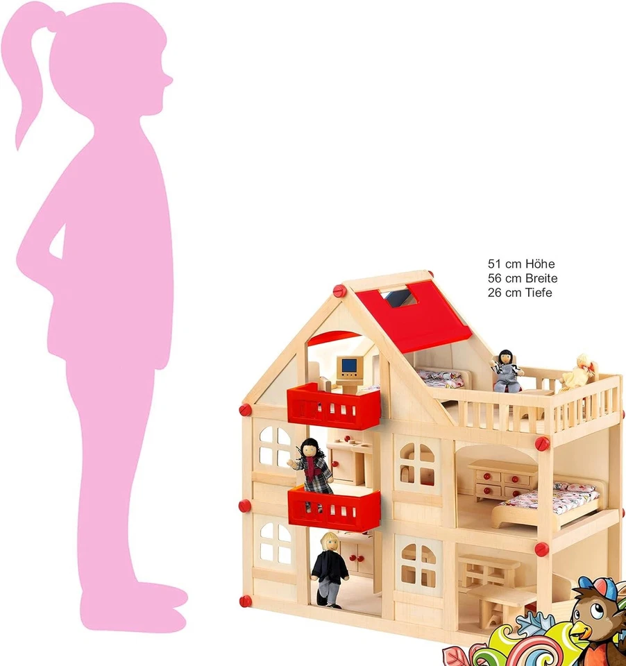 Izzy Holzpuppenhaus Spielhaus Puppenhaus Für Puppen Haus 4 Puppen Tragegriff  B-Ware - 4047385571219