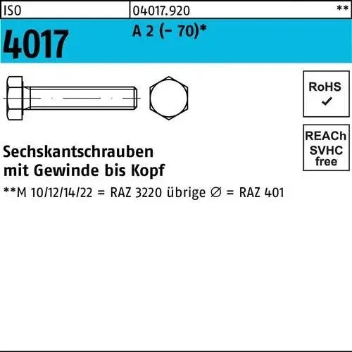 Bufab Sechskantschraube Bolzen Schraube Iso 4017 Vg M 10 X 170 A 2 25 Stück B-Ware