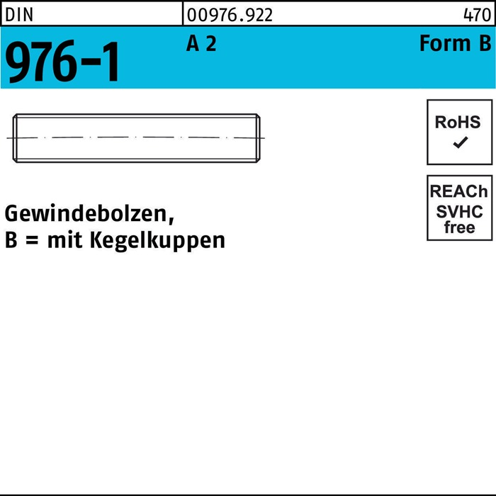 Reyher Gewindebolzen Bolzen Din 976 Mit Kegelkuppen Bm 8 X 55 A 2 100 Stück B-Ware