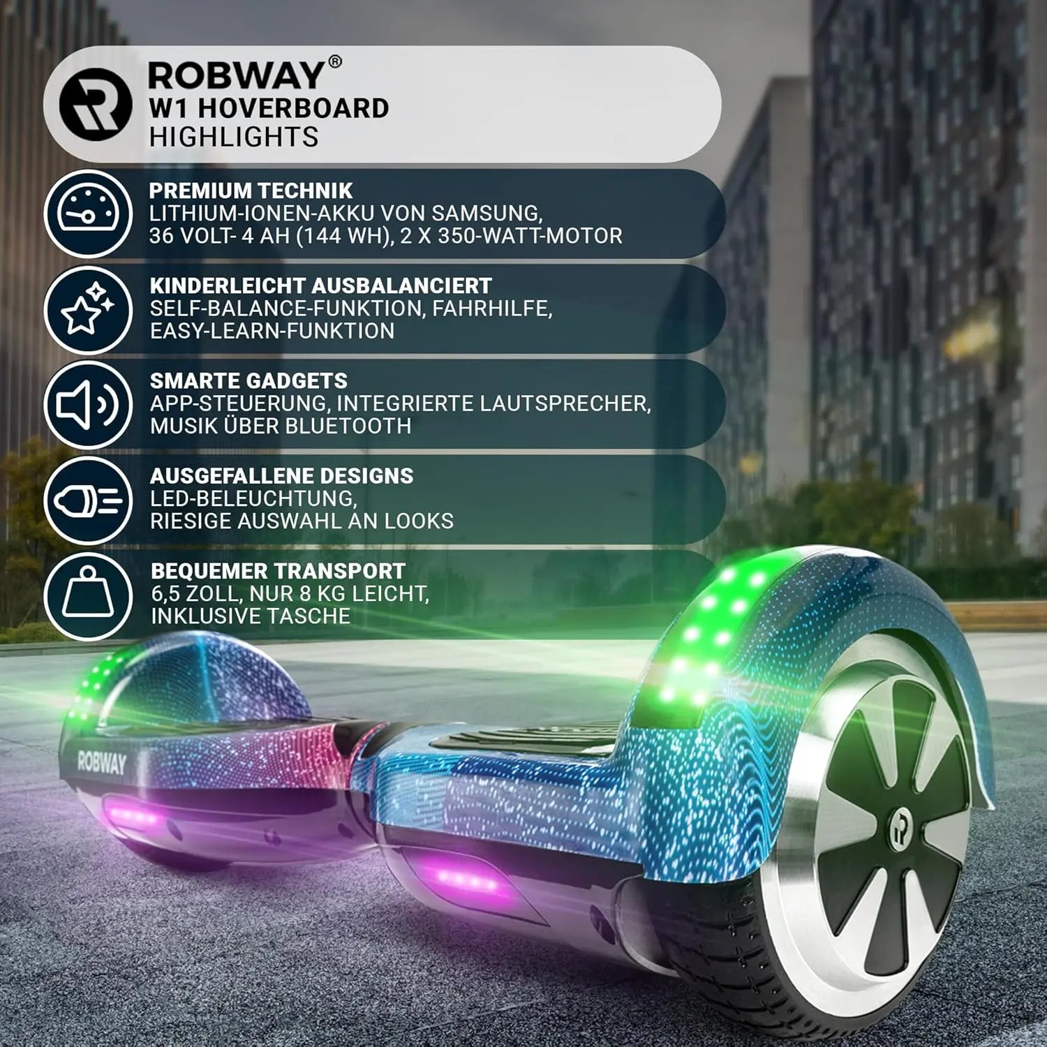 B-Ware Robway Hoverboard W1 Balance Board Schwarz Bluetooth App Deutsch 6,5 Zoll - 4056551270436