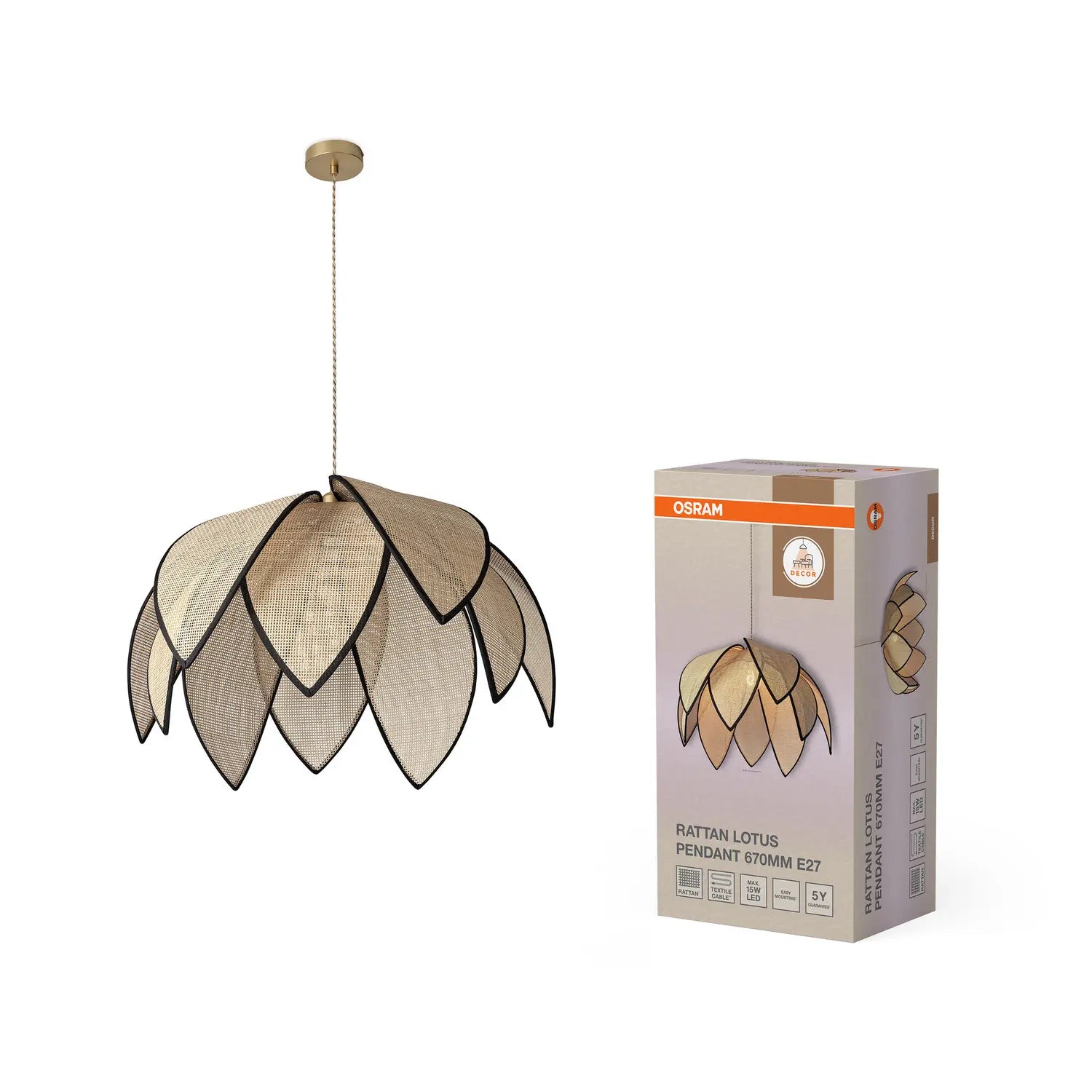 B-Ware Osram Pendelleuchte Hängelampe Rattan Lotus Leuchte E27 Innenbereich Beige - 4058075847224