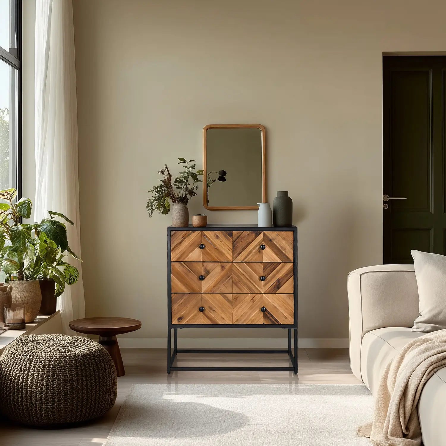 B-Ware Hjh Living Kommode Sideboard Holz Eisen Schwarz Braun 3 Schubladen Santjago - 4064323106432