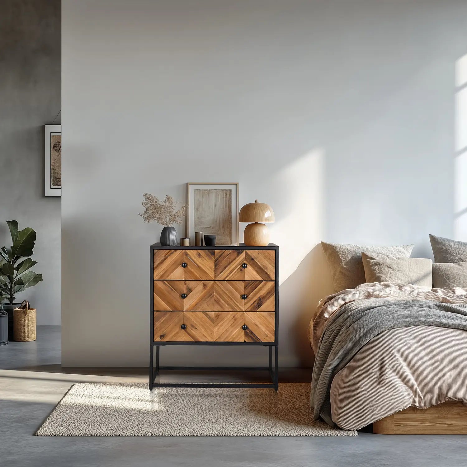 B-Ware Hjh Living Kommode Sideboard Holz Eisen Schwarz Braun 3 Schubladen Santjago - 4064323106432