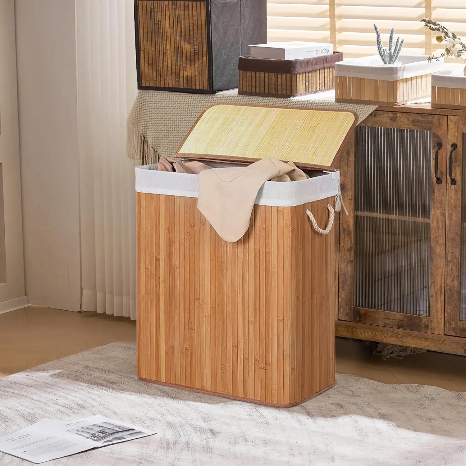 B-Ware Hjh Living Wäschekorb Wäschesammler Falster Xl B Bambus Braun 100 L 2 Fächer 62cm