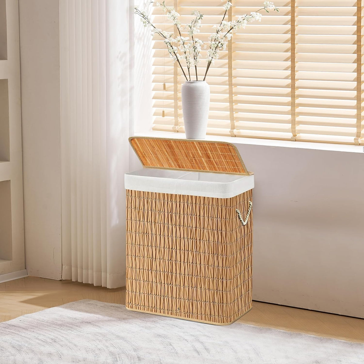 hjh LIVING Wäschekorb FALSTER XLR Wäschesammler Rattan braun 2 Fächer 52x32x63cm - 4064323107835