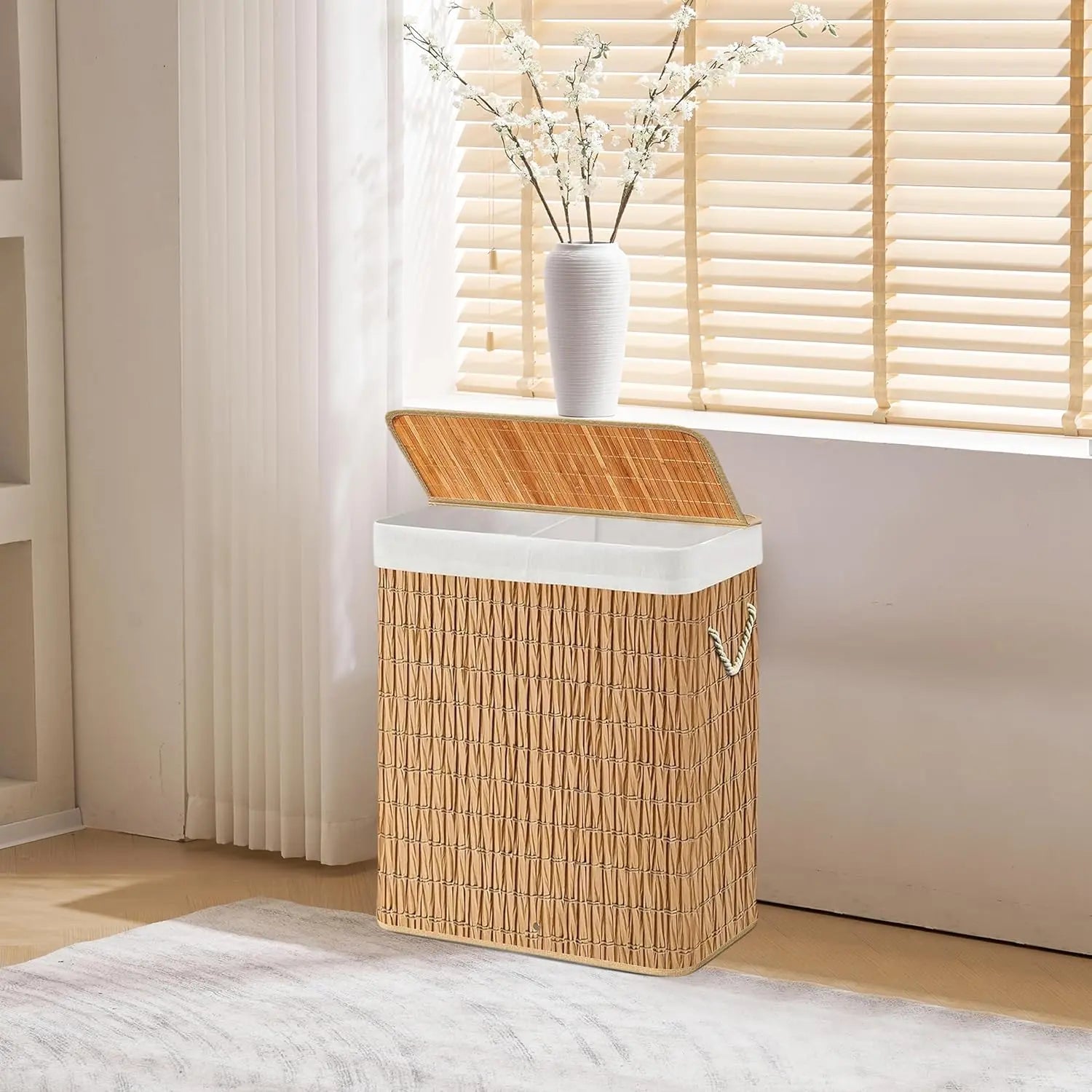 B-Ware Hjh Living Wäschekorb Falster Xlr Wäschesammler Rattan Braun 2 Fächer 52x32x63cm