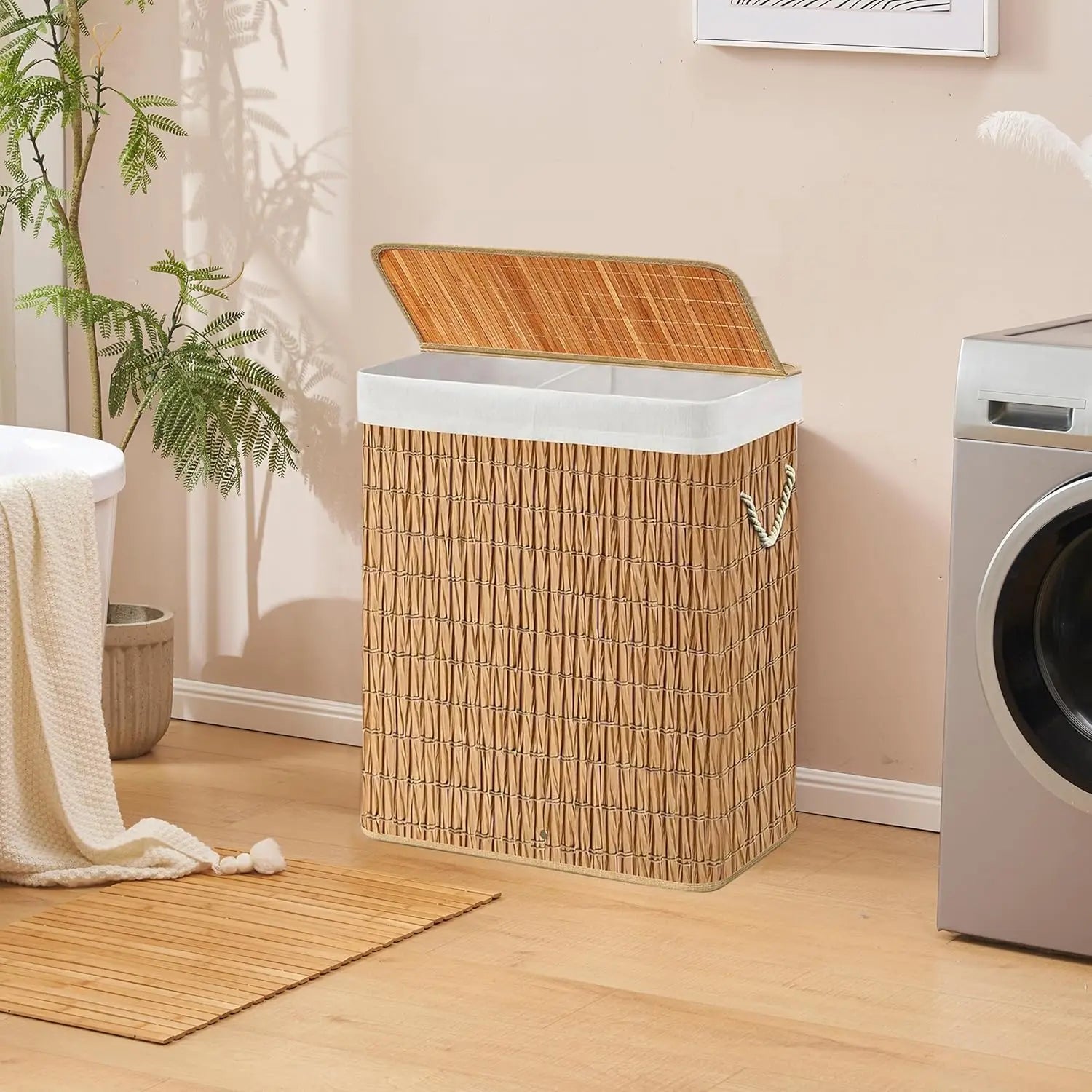 B-Ware Hjh Living Wäschekorb Falster Xlr Wäschesammler Rattan Braun 2 Fächer 52x32x63cm