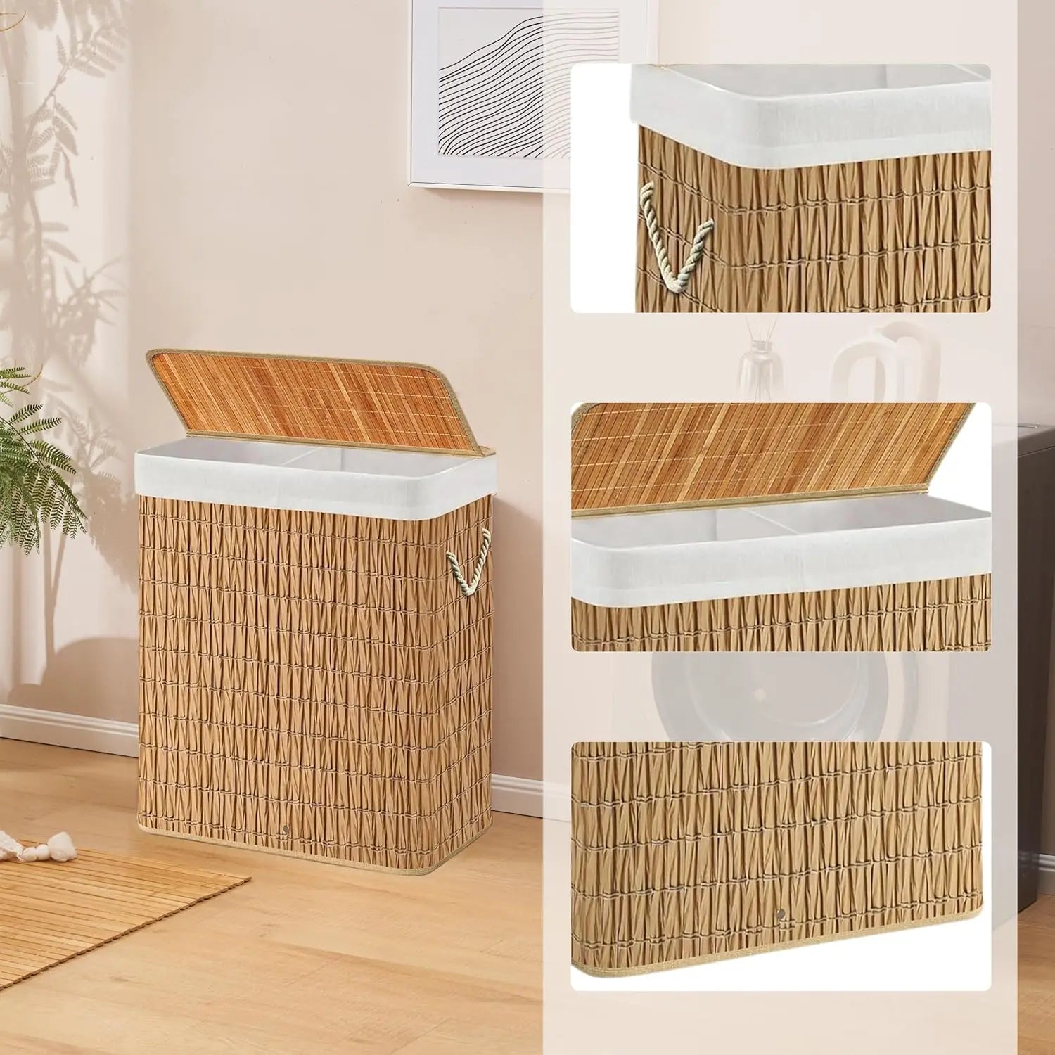 B-Ware Hjh Living Wäschekorb Falster Xlr Wäschesammler Rattan Braun 2 Fächer 52x32x63cm - 4064323107835