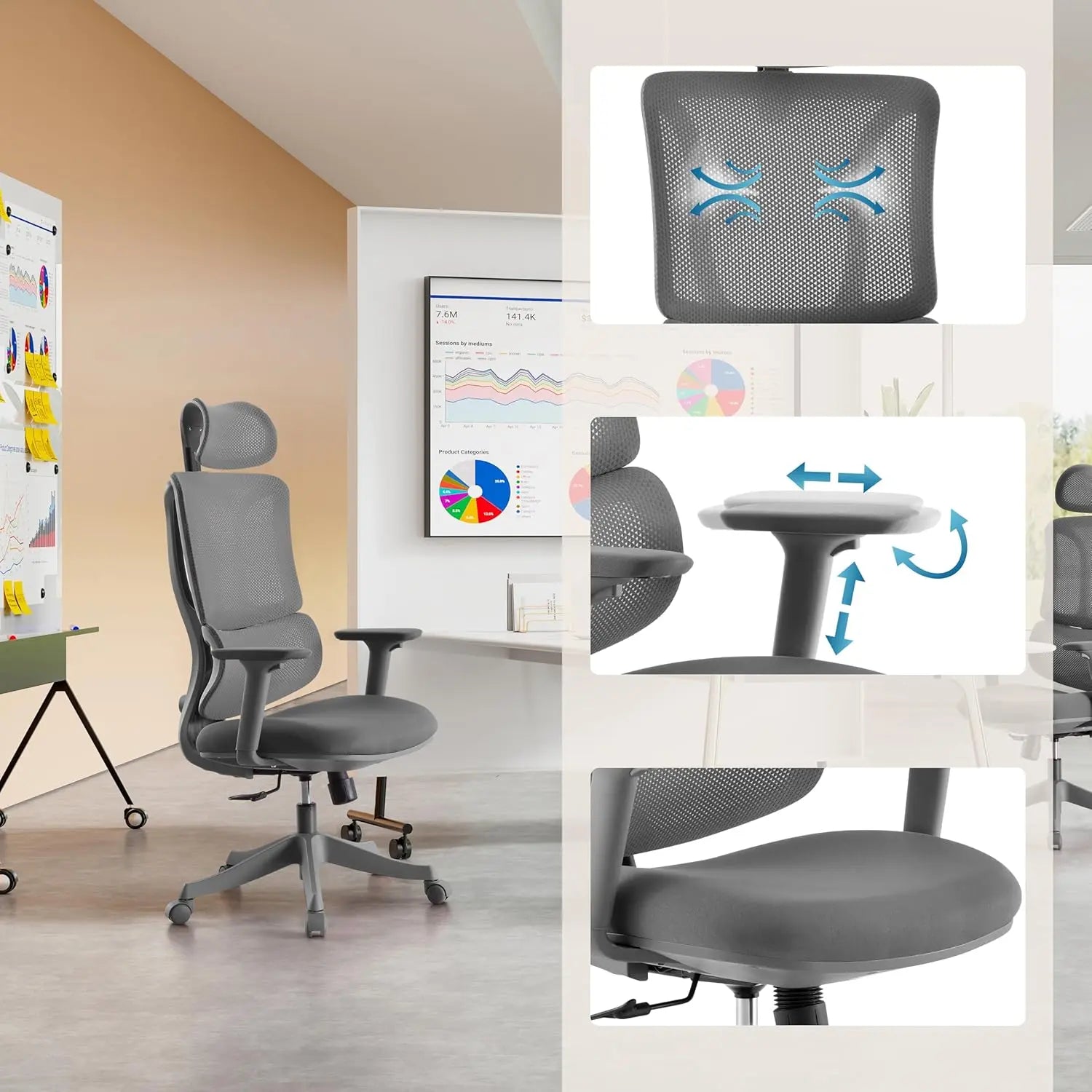 B-Ware My Buero Bürostuhl Drehstuhl Ergomy Colore Rückenlehne Lordosenstütze Grau