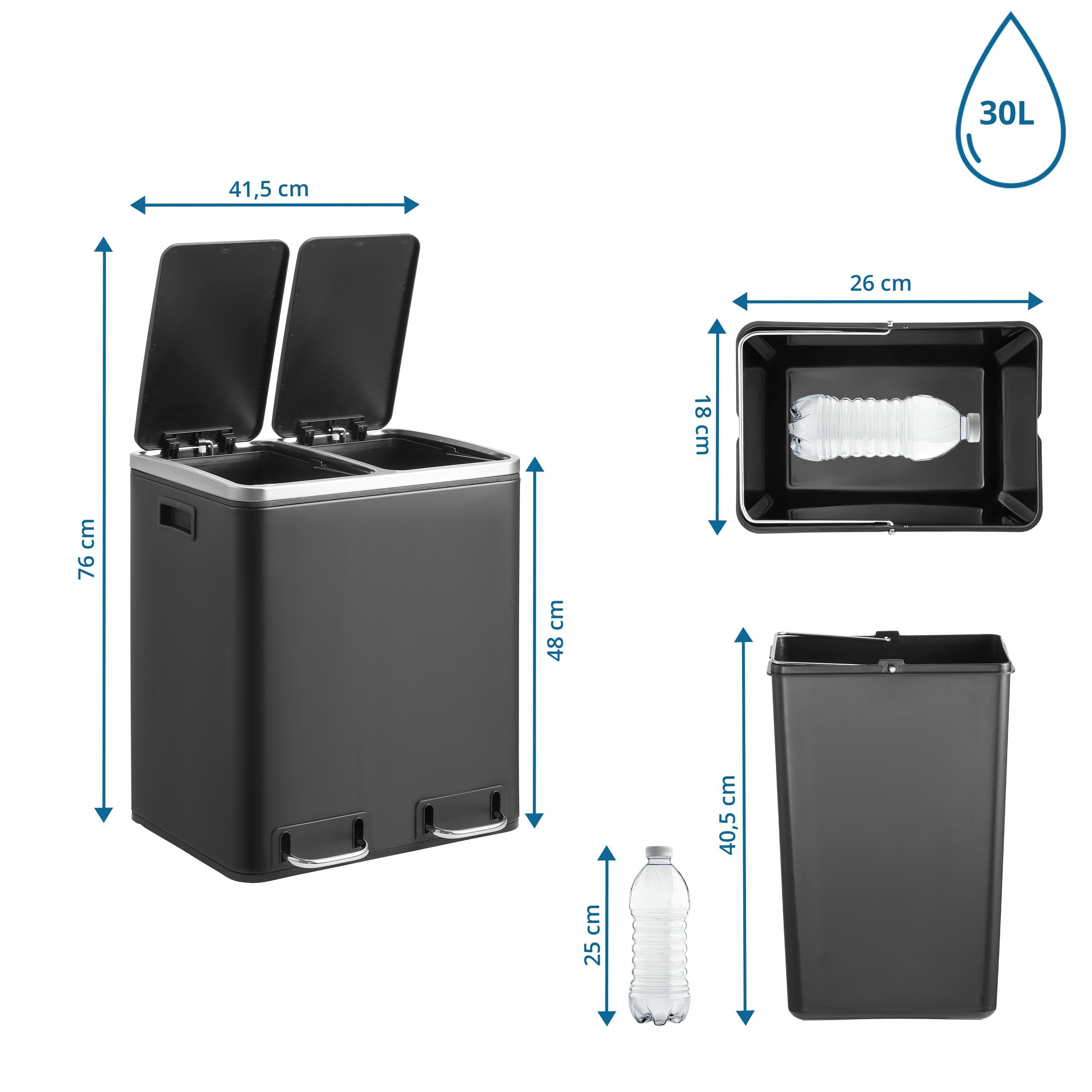 hjh OFFICE Mülleimer Abfalleimer Clean 9 schwarz Mülltrennung 2 x 15 Liter innen - 4064323108665