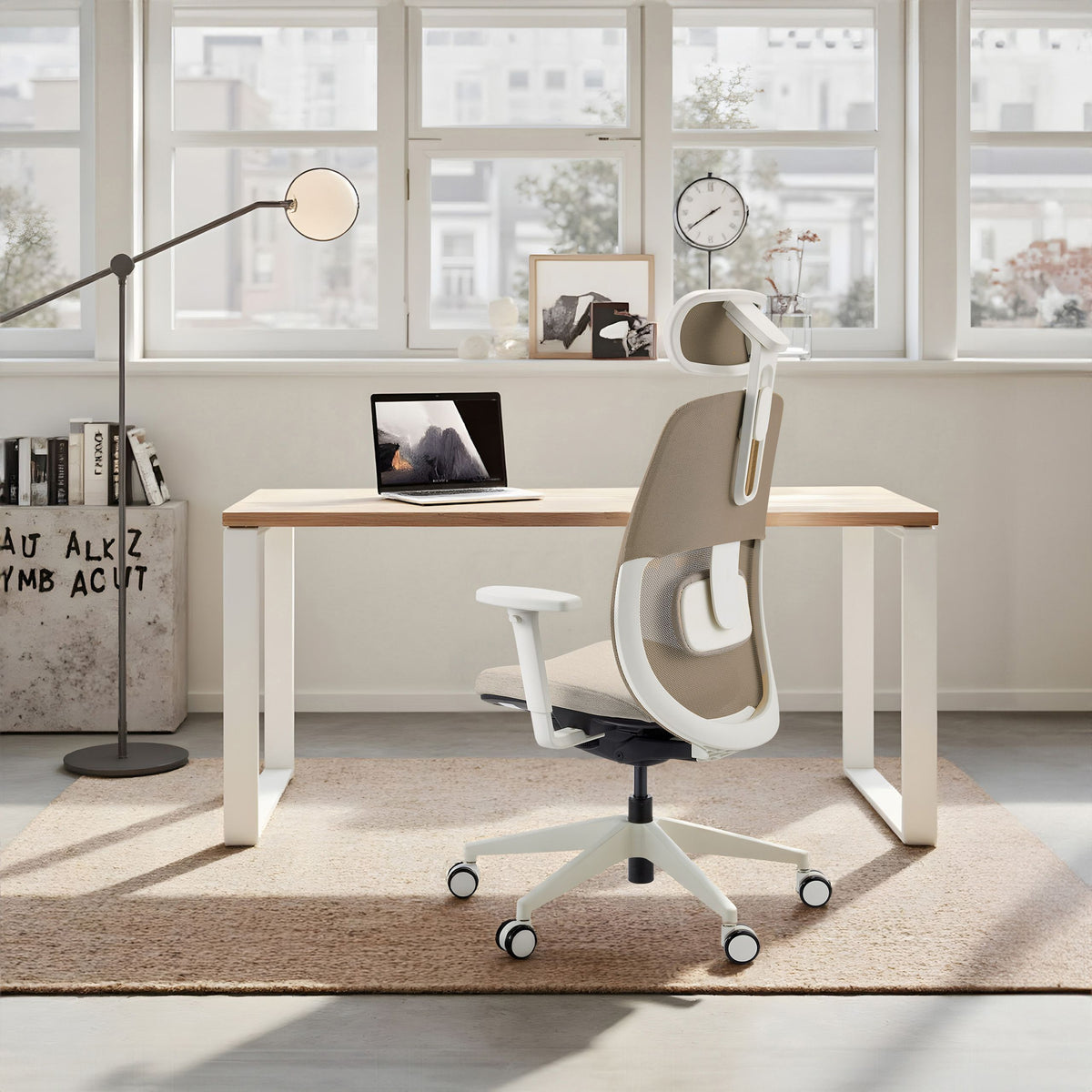 hjh OFFICE Bürostuhl Drehstuhl Stuhl Skandis Pro Kopfstütze Beige Weiß Mesh - 4064323109235