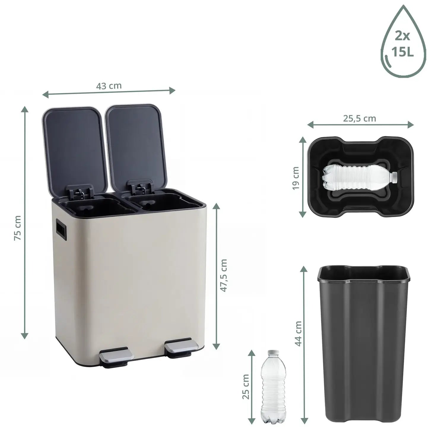 B-Ware Hjh Office Mülleimer Abfalleimer Clean 10 Beige Behälter 2 X 15 L Trennsystem - 4064323130611