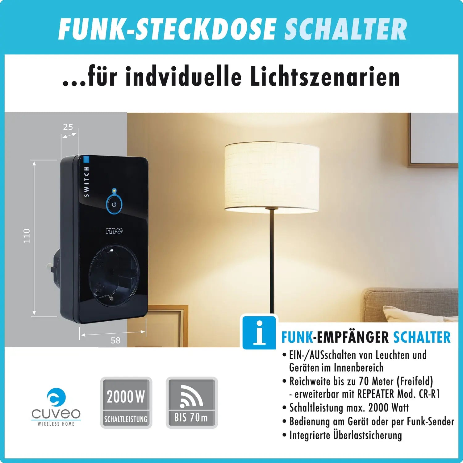 B-Ware M E Cuveo Funk Steckdose Schalter Fernbedienung Empfänger Schalter Farbe Schwarz - 4250109171255