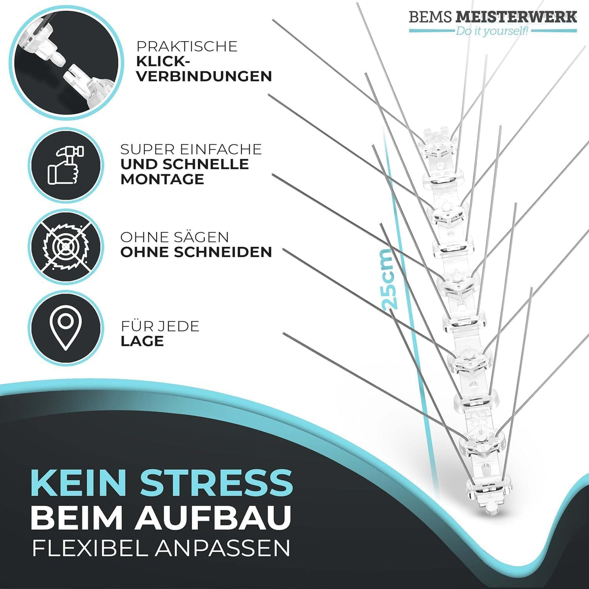 BEMS Meisterwerk Taubenabwehr Edelstahl Vogelabwehr 1m Balkon Dach 18 STÜCK - 4251320823183