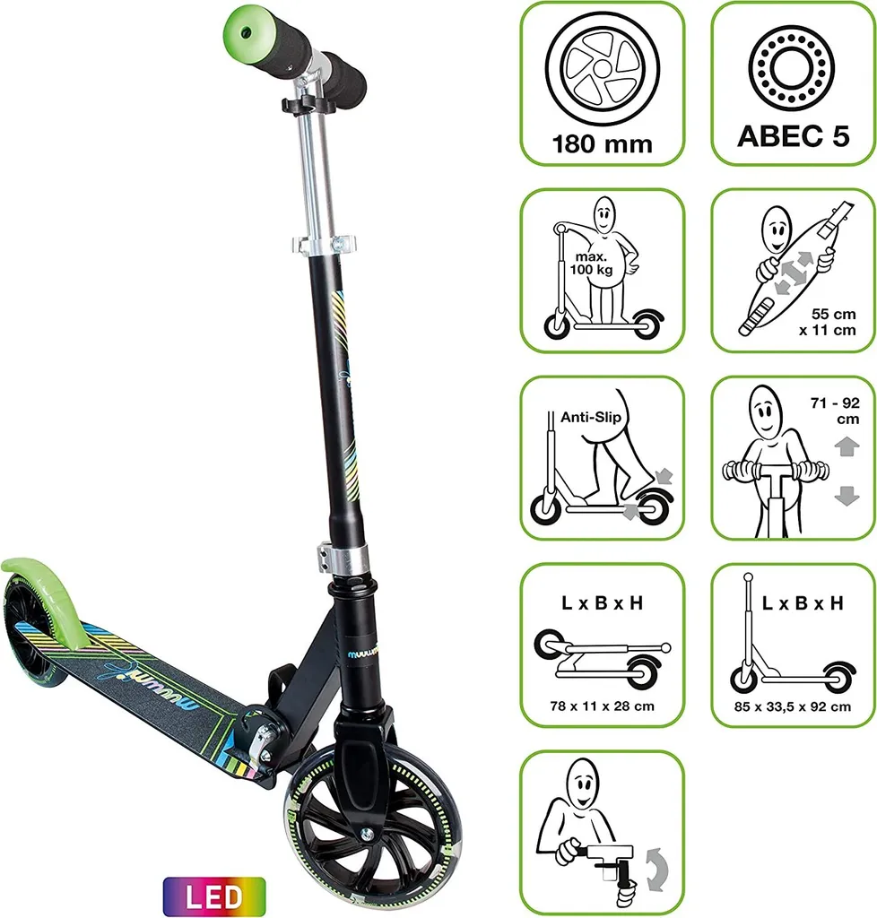 B-Ware Muuwmi Scooter Roller Cityroller Kickroller Kinderfahrzeug 180 Leuchtrollen B805