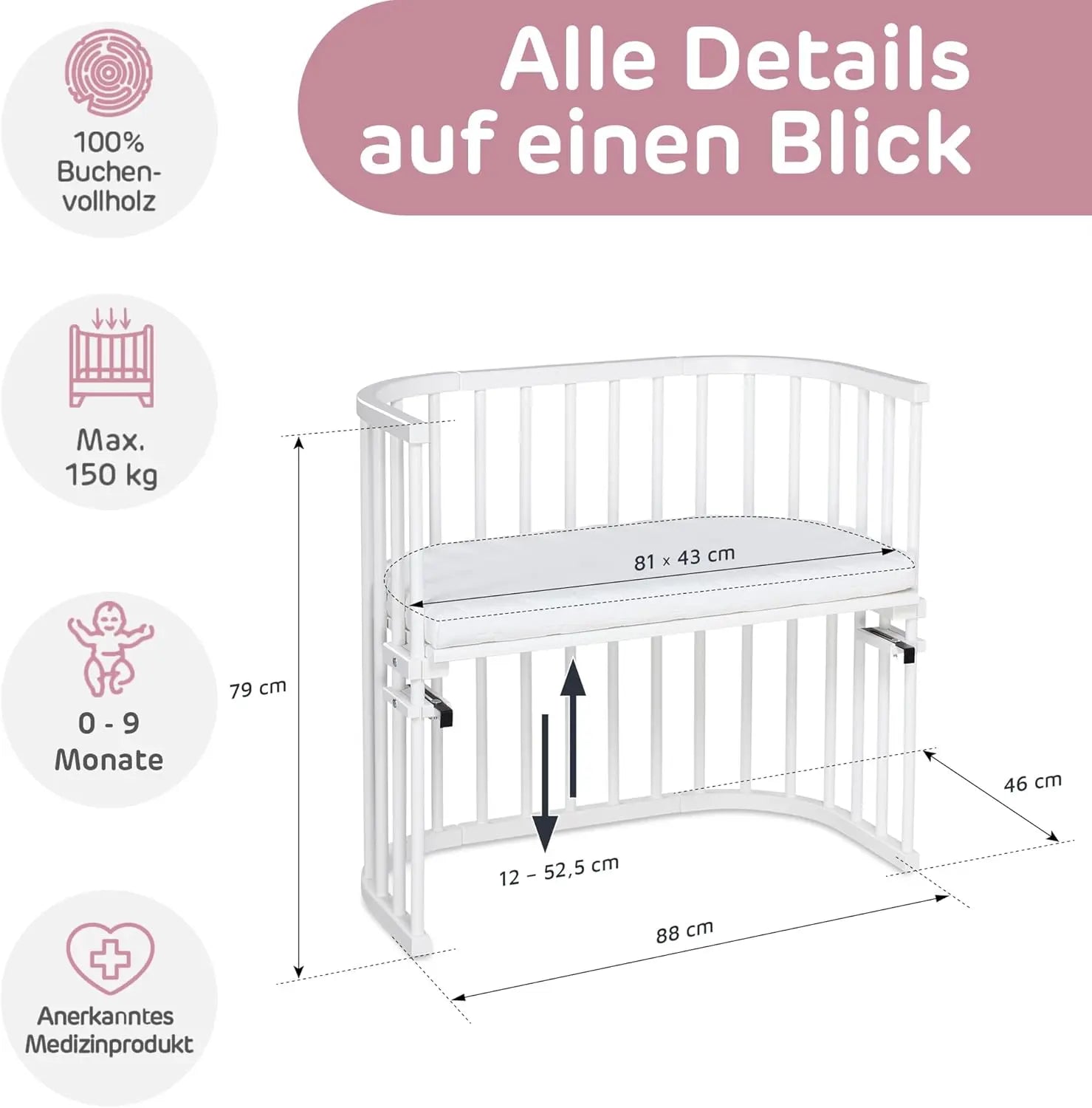 Babybay Beistellbett Kinderbett Babybett Baby 87x46x79cm Weiß Massiv Buchenholz B-Ware - 426042559796