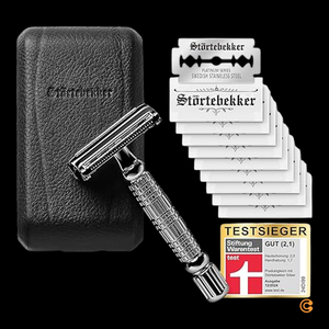 Coffret de rasage Störtebekker pour homme, lames de rasoir, étui de voyage en cuir, produit d'occasion.