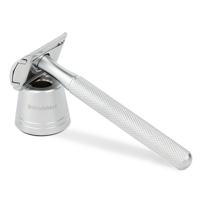 B-Ware Störtebekker Rasierhobel Set Rasierer 10 Bartklingen Ständer Oslo Silber Guide - 4260554494007