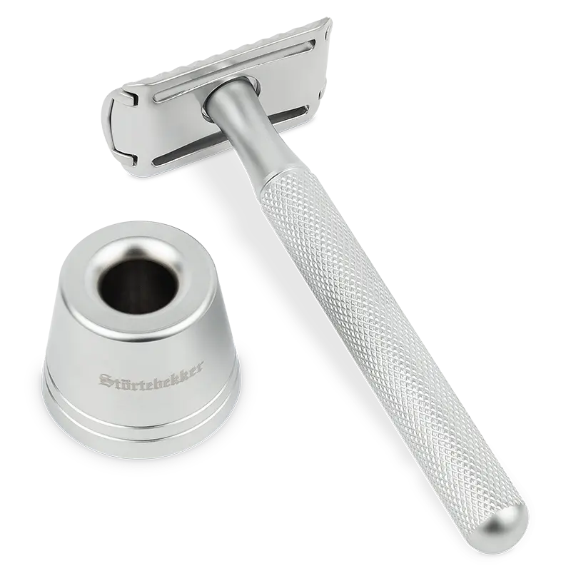 B-Ware Störtebekker Rasierhobel Set Rasierer 10 Bartklingen Ständer Oslo Silber Guide - 4260554494007