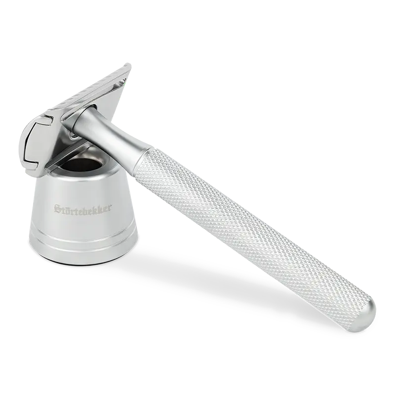 B-Ware Störtebekker Rasierhobel Set Rasierer 10 Bartklingen Ständer Oslo Silber Guide - 4260554494007
