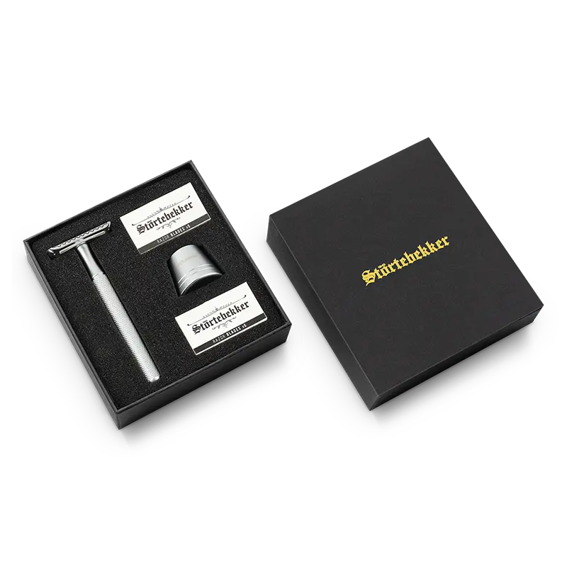 B-Ware Störtebekker Rasierhobel Set Rasierer 10 Bartklingen Ständer Oslo Silber Guide - 4260554494007