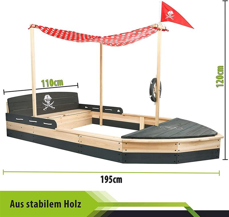 B-Ware Piratenschiff Sandkasten Boot Sandkiste Sandbox Mit Sonnensegel 2m Lang Holz