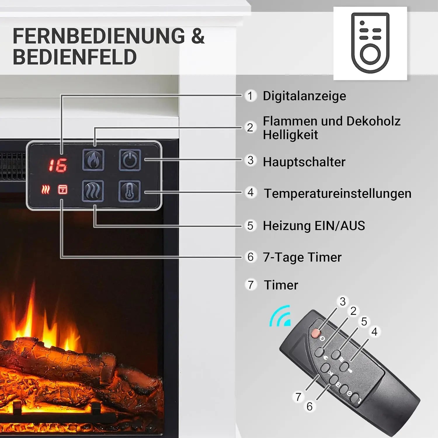 Balderia Frida Elektrokamin Standkamin Heizung 2000 W Fernbedienung Timer Weiß B-Ware