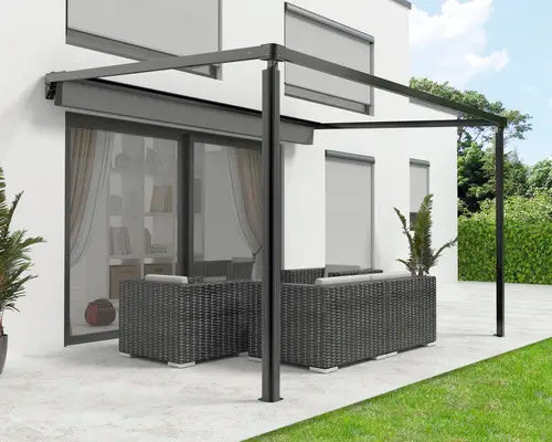 B-Ware Pergola Stoffdach Anthrazit Gestell Ral 9011 Graphit Motor Led Remote 394x394 Cm - 4306517555054